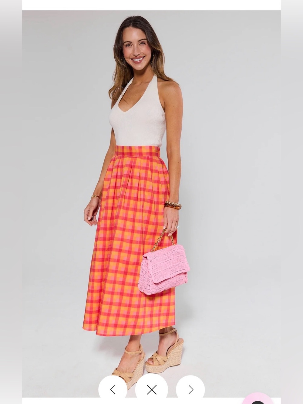 NWT Avara exclusive Estie High-Waist Plaid Maxi Skirt in Coral Pink Small